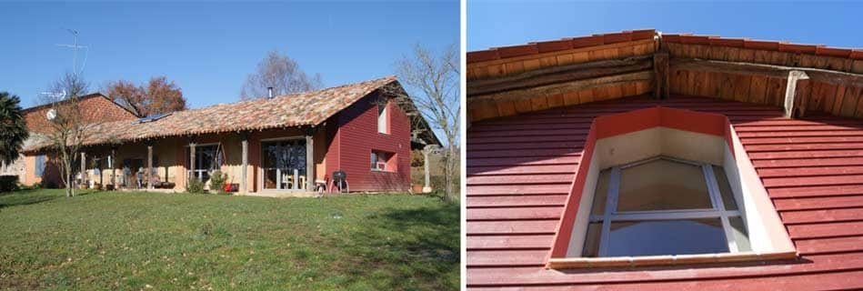 Façade sud aux larges baies sous l'auvent débordant et pignon en bardage rouge, et détail d'une lucarne triangulaire ourlée de bois dans le toit de tuiles